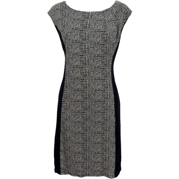 Ann Taylor Loft Womens Black Ivory Print Sheath Pleated Neck Knit Dress sz M - Picture 1 of 16
